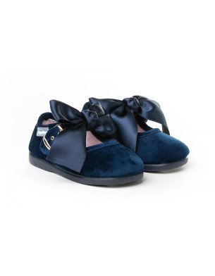 Made in Spain EU23-27 baby girl velvet Shoes with Satin Ribbon Non Slip Rubber Marino  